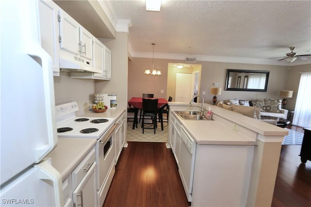 kitchen featuring crown molding, white appliances, light countertops, under cabinet range hood, and a sink