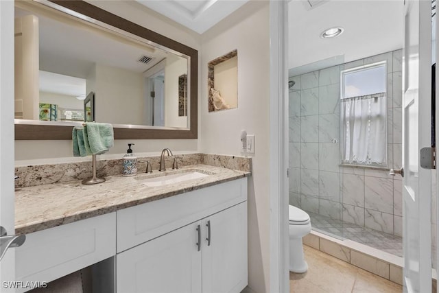 bathroom with toilet, a stall shower, visible vents, tile patterned flooring, and vanity