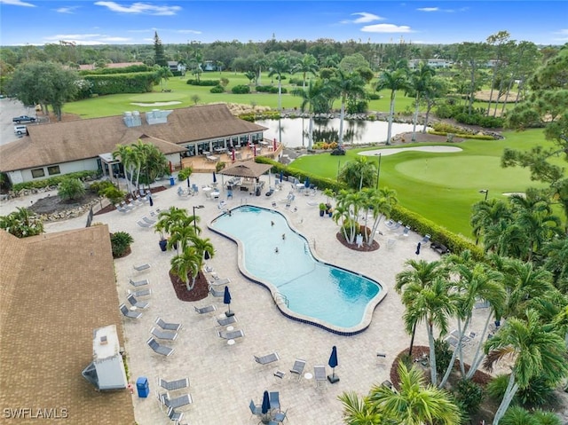 bird's eye view with golf course view and a water view