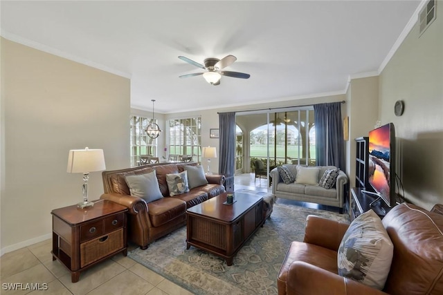 93 Silver Oaks Cir Unit 3-101, Naples, FL 34119 - living area featuring light tile patterned floors, ornamental molding, ceiling fan, baseboards, and visible vents