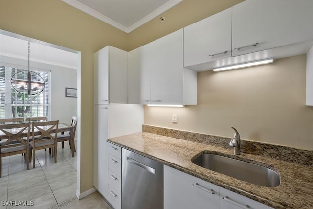 93 Silver Oaks Cir Unit 3-101, Naples, FL 34119 - kitchen with a sink, crown molding, light stone counters, dishwasher, and white cabinets