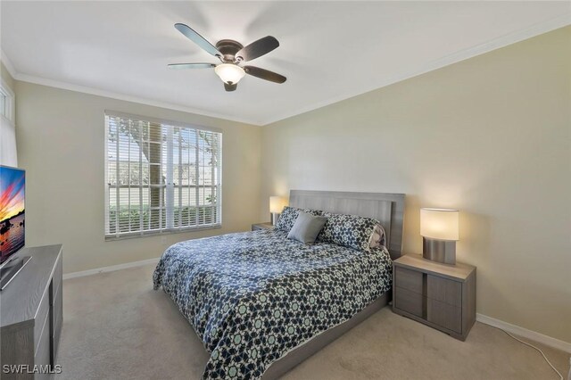 93 Silver Oaks Cir Unit 3-101, Naples, FL 34119 - bedroom with light colored carpet, ceiling fan, ornamental molding, and baseboards