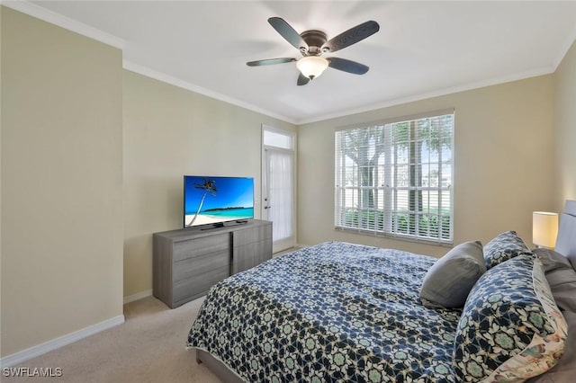 93 Silver Oaks Cir Unit 3-101, Naples, FL 34119 - bedroom featuring ornamental molding, a ceiling fan, carpet flooring, and baseboards