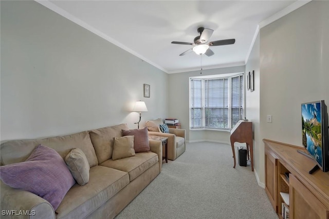 93 Silver Oaks Cir Unit 3-101, Naples, FL 34119 - living area featuring baseboards, light carpet, a ceiling fan, and crown molding