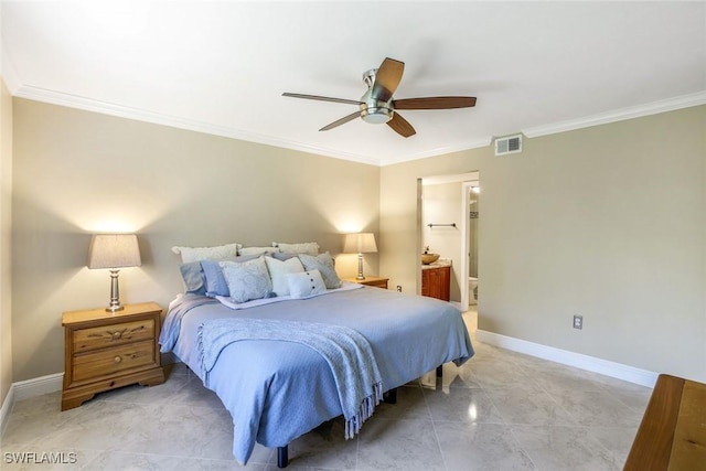 3051 Sandpiper Bay Cir Unit I102, Naples, FL 34112 - bedroom with ornamental molding, a ceiling fan, and ensuite bath