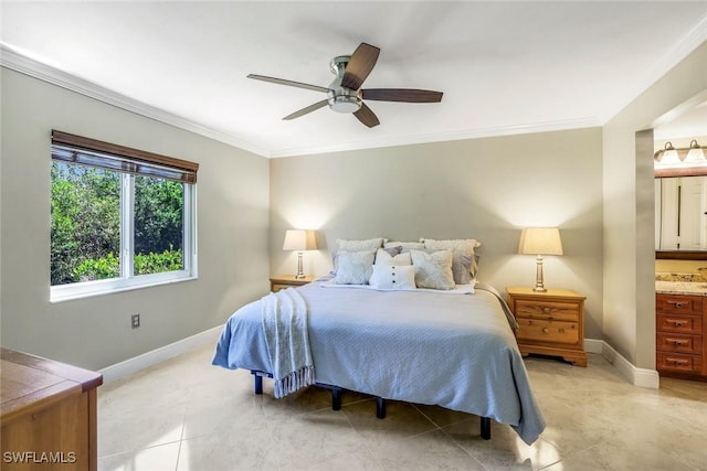 3051 Sandpiper Bay Cir Unit I102, Naples, FL 34112 - bedroom featuring crown molding, ensuite bath, light tile patterned flooring, and a ceiling fan
