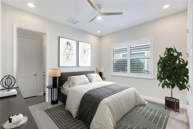bedroom with visible vents, baseboards, recessed lighting, and ceiling fan