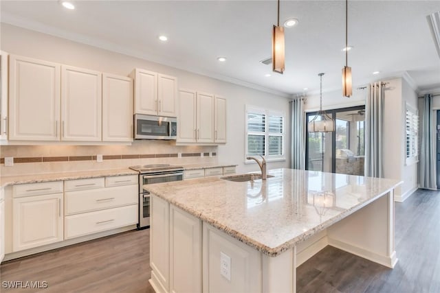 kitchen featuring wood finished floors, ornamental molding, a sink, a kitchen island with sink, and appliances with stainless steel finishes