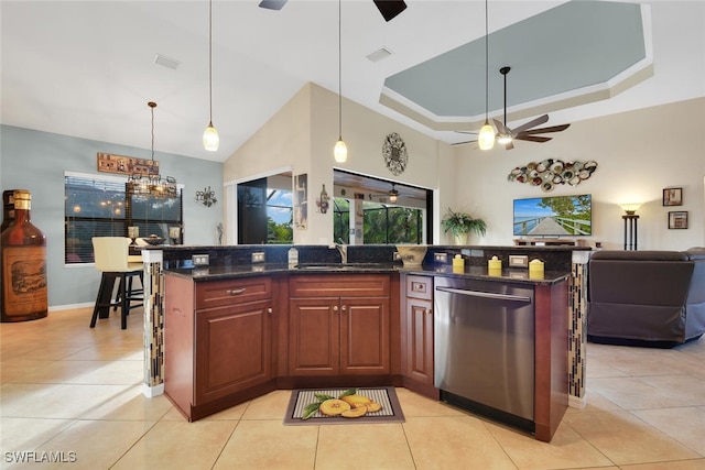2728 Beach Pkwy W, Cape Coral, FL 33914 - kitchen with dishwasher, ceiling fan, open floor plan, and light tile patterned floors