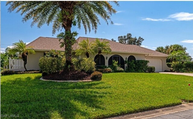 225 Brighton Ct, Englewood, FL 34223 - ranch-style house with an attached garage, concrete driveway, a front yard, and stucco siding