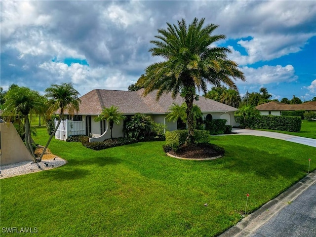 225 Brighton Ct, Englewood, FL 34223 - ranch-style home with a garage, a front lawn, driveway, and stucco siding