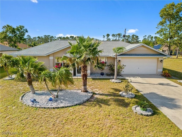 ranch-style home featuring a garage, a front lawn, concrete driveway, and stucco siding