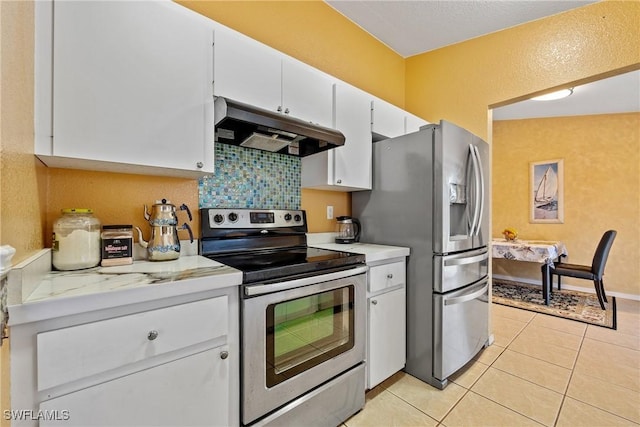 kitchen featuring appliances with stainless steel finishes, under cabinet range hood, light countertops, white cabinets, and a textured wall