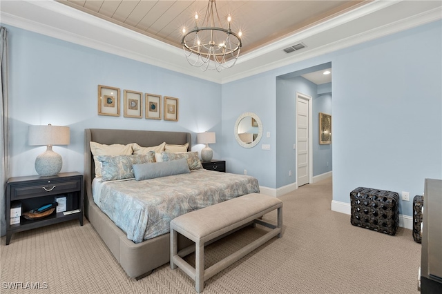 6348 Lyford Isle Dr, Naples, FL 34113 - carpeted bedroom with a chandelier, a raised ceiling, baseboards, ornamental molding, and wooden ceiling