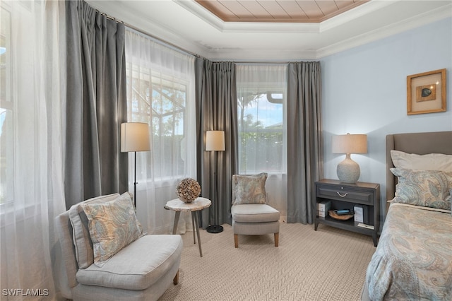 bedroom with crown molding, carpet flooring, and a tray ceiling
