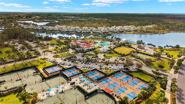 bird's eye view with a water view