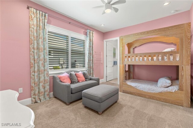 bedroom with recessed lighting, carpet floors, baseboards, and ceiling fan