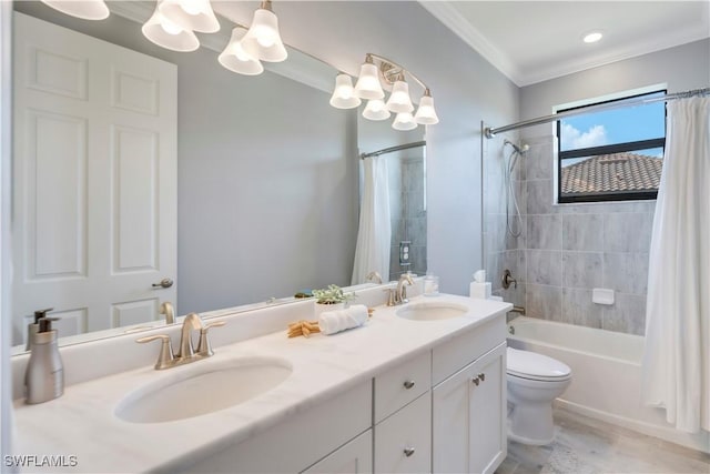 19128 Elston Way, Estero, FL 33928 - bathroom featuring ornamental molding, double vanity, shower / tub combo with curtain, and toilet