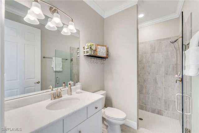 19128 Elston Way, Estero, FL 33928 - bathroom featuring a shower stall, toilet, ornamental molding, and vanity