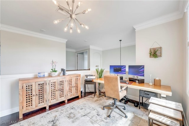 19128 Elston Way, Estero, FL 33928 - office area with a chandelier, ornamental molding, wood finished floors, and baseboards