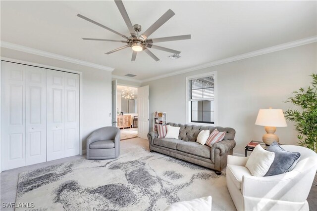 19128 Elston Way, Estero, FL 33928 - living room with crown molding, ceiling fan, and carpet floors