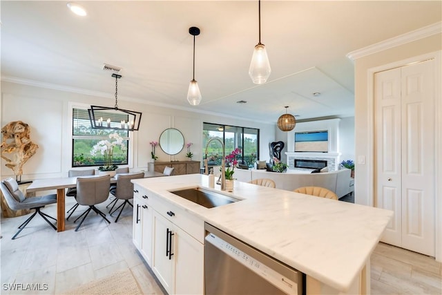 19128 Elston Way, Estero, FL 33928 - kitchen featuring stainless steel dishwasher, a sink, decorative light fixtures, white cabinetry, and ornamental molding