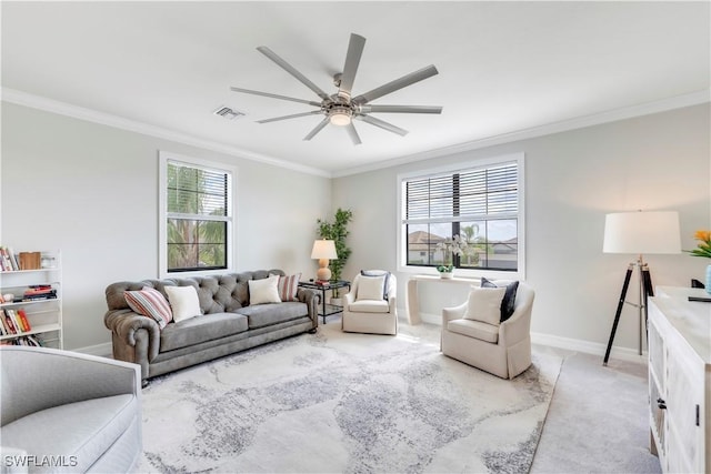 19128 Elston Way, Estero, FL 33928 - living room featuring crown molding, light colored carpet, a ceiling fan, and baseboards
