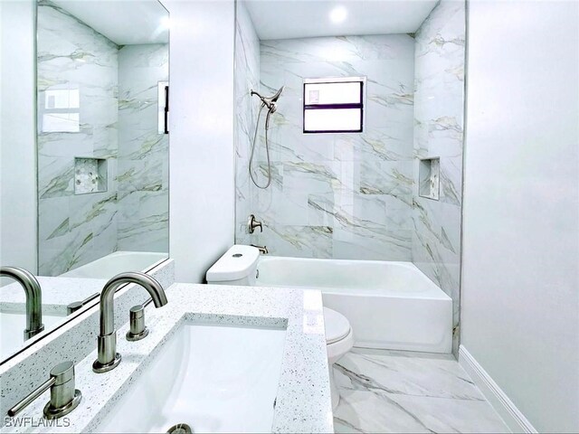 3400 23rd St W, Lehigh Acres, FL 33971 - full bath featuring toilet, bathtub / shower combination, baseboards, marble finish floor, and vanity