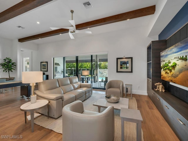 living area featuring beamed ceiling, wood finished floors, and visible vents