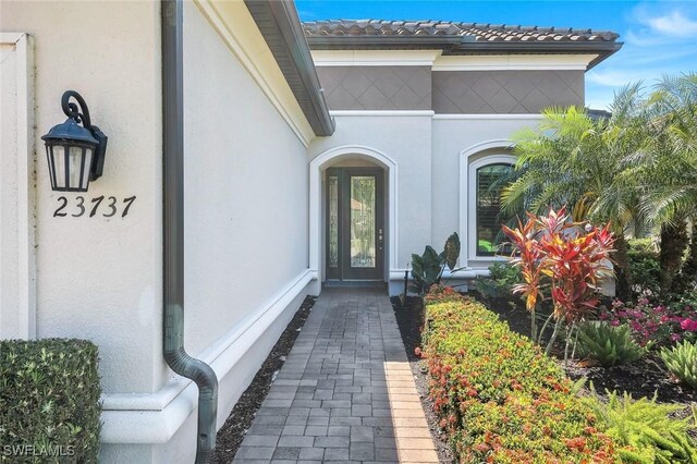 view of exterior entry with stucco siding