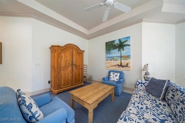 2387 Terra Verde Ln Unit 2387, Naples, FL 34105 - living area with ornamental molding, carpet flooring, and a ceiling fan