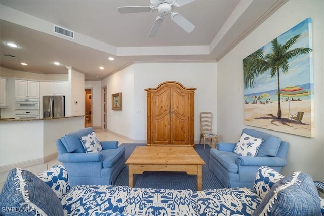 2387 Terra Verde Ln Unit 2387, Naples, FL 34105 - living room with recessed lighting, visible vents, a ceiling fan, and ornamental molding
