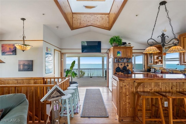kitchen with light wood-type flooring, pendant lighting, lofted ceiling, and a healthy amount of sunlight