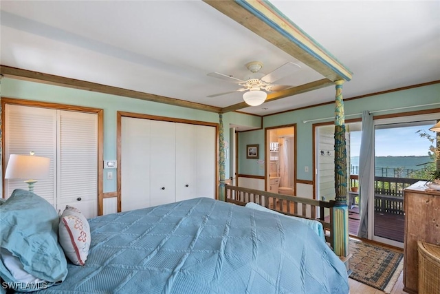 bedroom featuring a ceiling fan, crown molding, wood finished floors, multiple closets, and access to outside