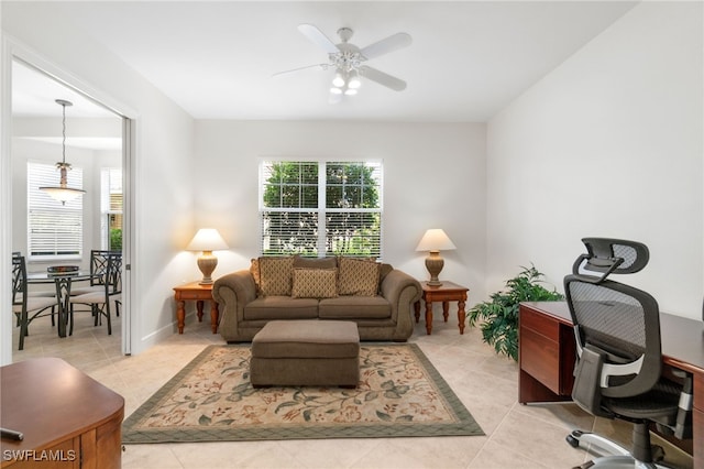 office featuring ceiling fan and light tile patterned flooring