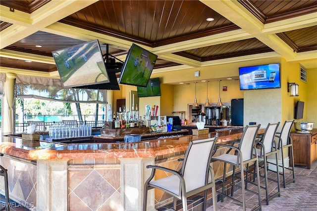1272 Rialto Way Unit 201, Naples, FL 34114 - bar with beam ceiling, crown molding, and coffered ceiling