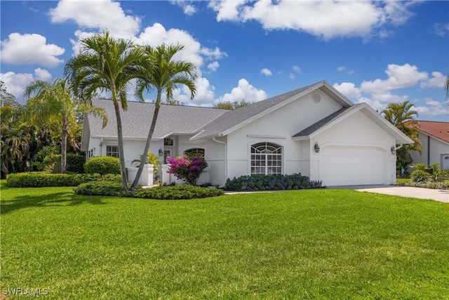 597 Lambton Ln, Naples, FL 34104 - ranch-style house featuring stucco siding, an attached garage, concrete driveway, and a front lawn