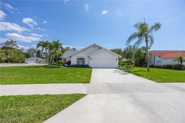 597 Lambton Ln, Naples, FL 34104 - ranch-style house with stucco siding, an attached garage, a front yard, and concrete driveway