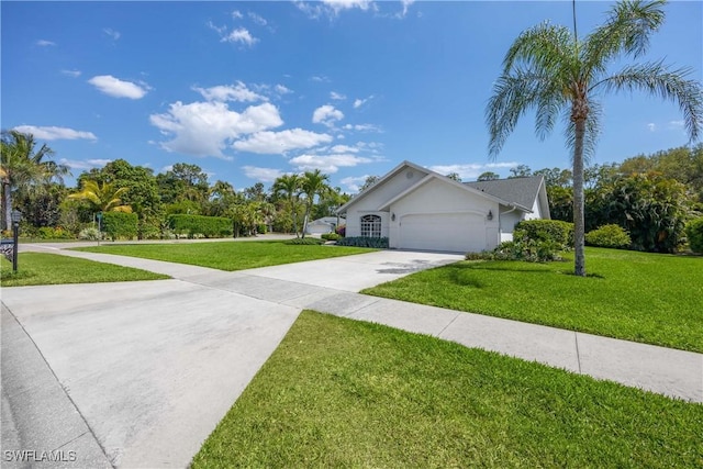 597 Lambton Ln, Naples, FL 34104 - ranch-style home with a garage, driveway, a front yard, and stucco siding