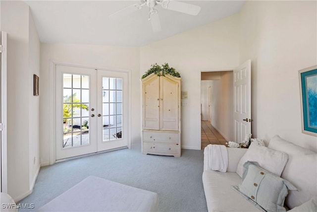 597 Lambton Ln, Naples, FL 34104 - living area with light carpet, french doors, baseboards, and ceiling fan
