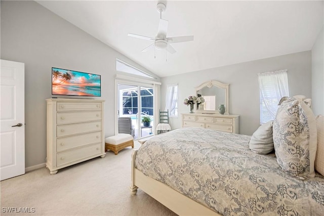 597 Lambton Ln, Naples, FL 34104 - bedroom featuring lofted ceiling, baseboards, access to outside, light colored carpet, and ceiling fan