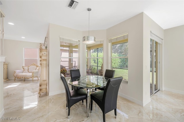 dining room featuring visible vents, baseboards, marble finish floor, and recessed lighting