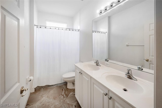 full bathroom with a shower with curtain, double vanity, toilet, and a sink
