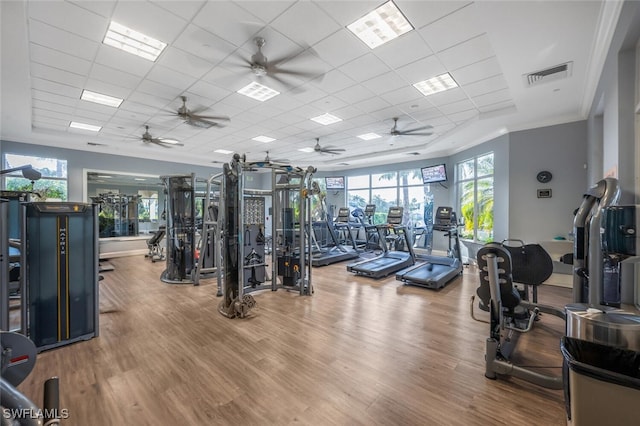 gym with a ceiling fan, wood finished floors, visible vents, and a paneled ceiling
