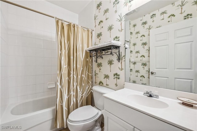 2797 1st St Unit 2003, Fort Myers, FL 33916 - full bathroom with toilet, vanity, shower / tub combo with curtain, and wallpapered walls