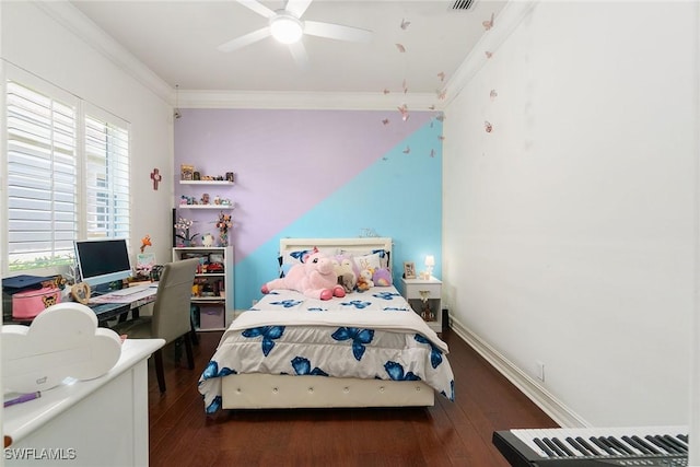 bedroom with a ceiling fan, visible vents, ornamental molding, and wood finished floors