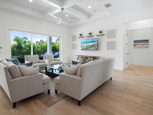 201 S Heathwood Dr, Marco Island, FL 34145 - living room with coffered ceiling, light wood-style floors, visible vents, and recessed lighting