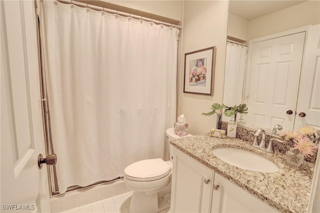 full bath featuring toilet, a shower with shower curtain, vanity, and tile patterned floors