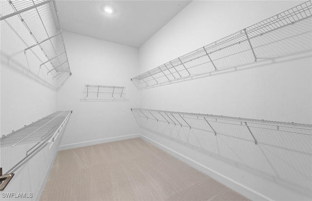 walk in closet featuring light colored carpet