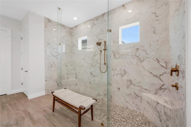 15766 Cortina St, Naples, FL 34114 - full bath featuring a marble finish shower, wood finished floors, and recessed lighting